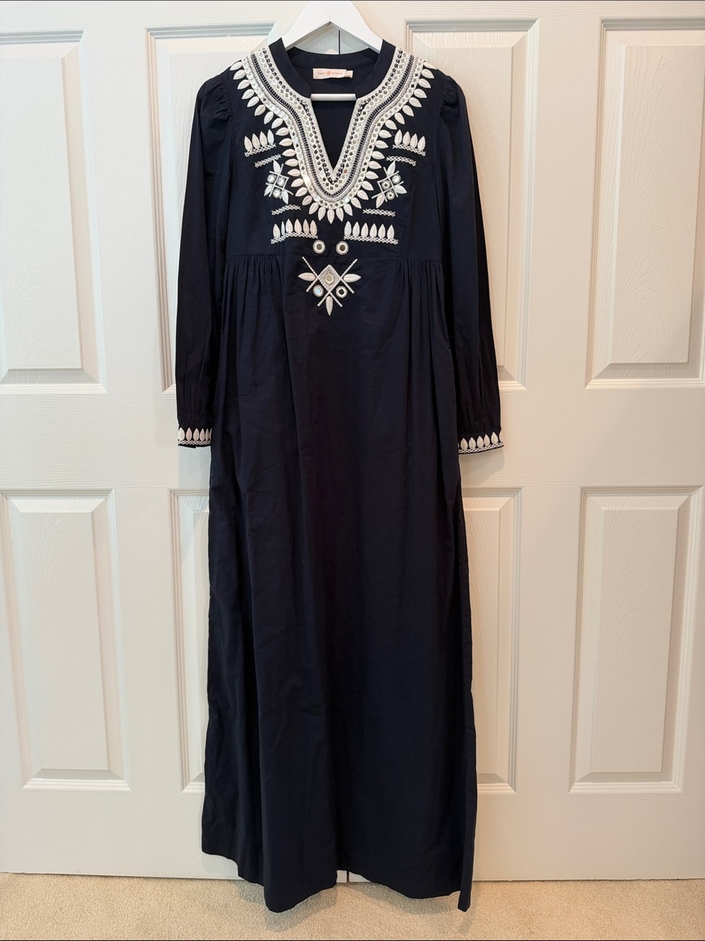 Tory Burch Embroidered Navy Long Sleeve Maxi Dress